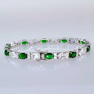 14K White Gold Womens 2ct Green Emerald Gemstone Diamond Tennis Bracelet 7" 7.5"